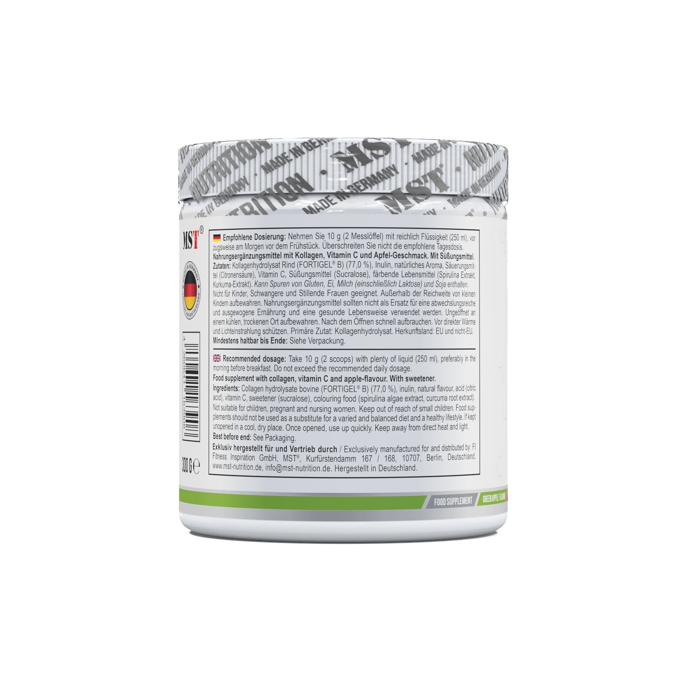 Weiße Dose mit Text. Enthält Kollagen, Vitamin C und Apfel-Geschmack. Aufschrift: MST, Made in Germany. 300g.