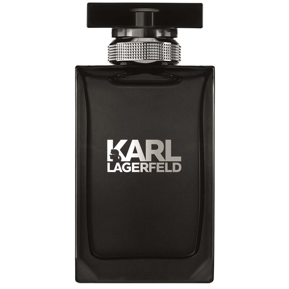 Schwarzer Flakon mit silbernem Verschluss. Aufschrift: KARL LAGERFELD.
