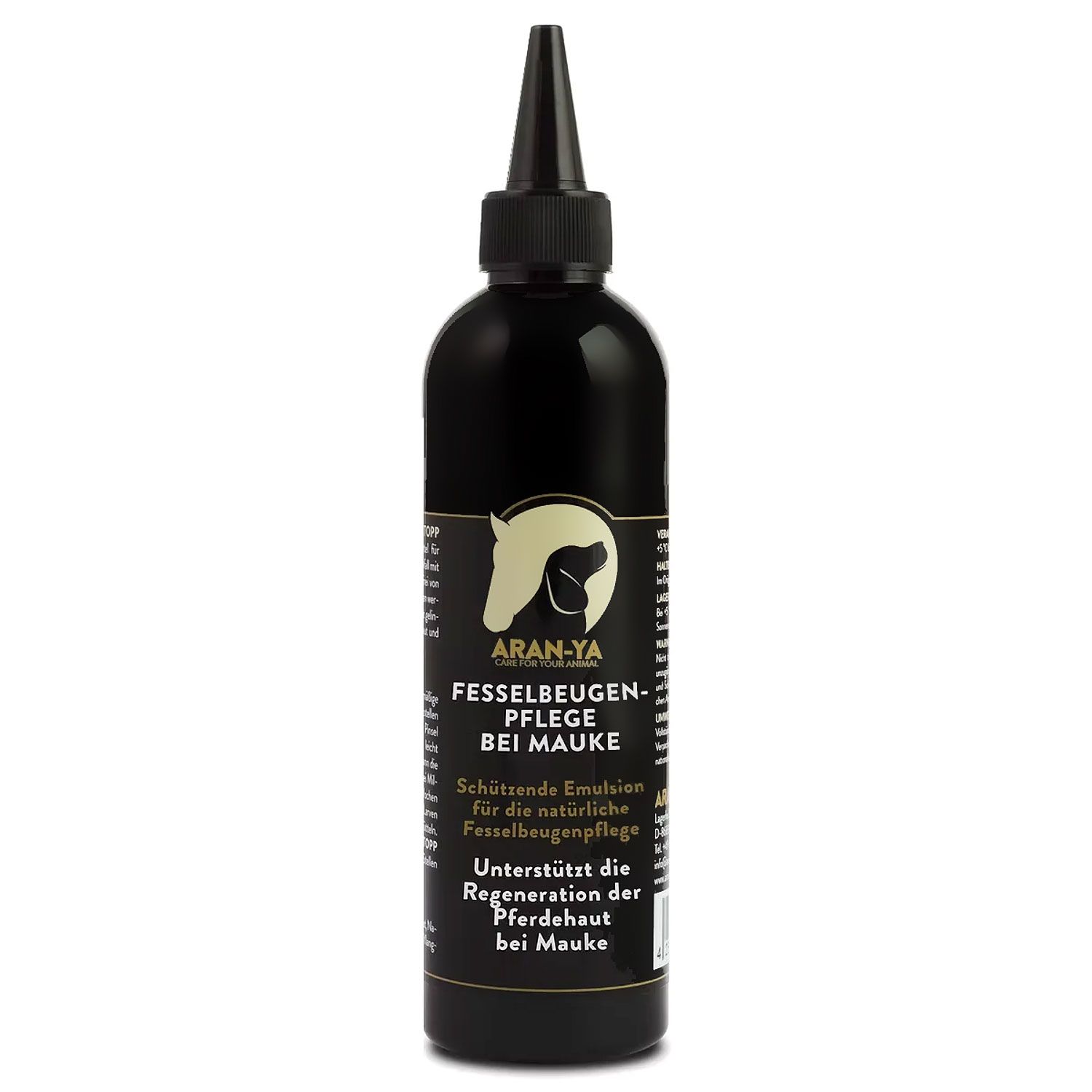 Schwarze Flasche mit schwarzem Verschluss. Aufschrift: ARAN-YA Fesselbeugenpflege bei Mauke. Enthält Emulsion für Pferde.