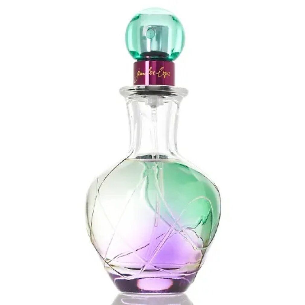 Glasflakon mit Farbverlauf von Grün nach Lila. Grüner Deckel. Goldfarbener Schriftzug.
