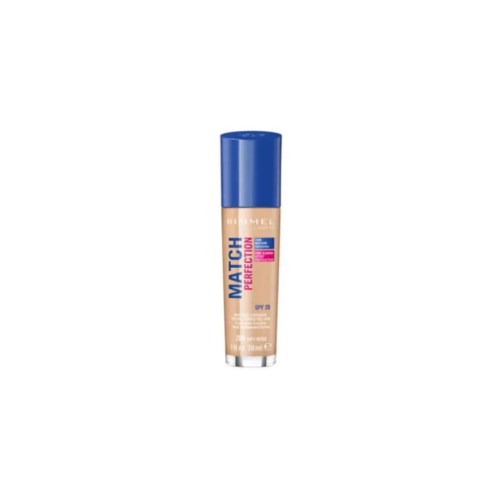 Rimmel Match Perfection Foundation. Flasche mit blauem Deckel. Farbton 200 Soft Beige. SPF 20. Sichtbare Produktinformationen.