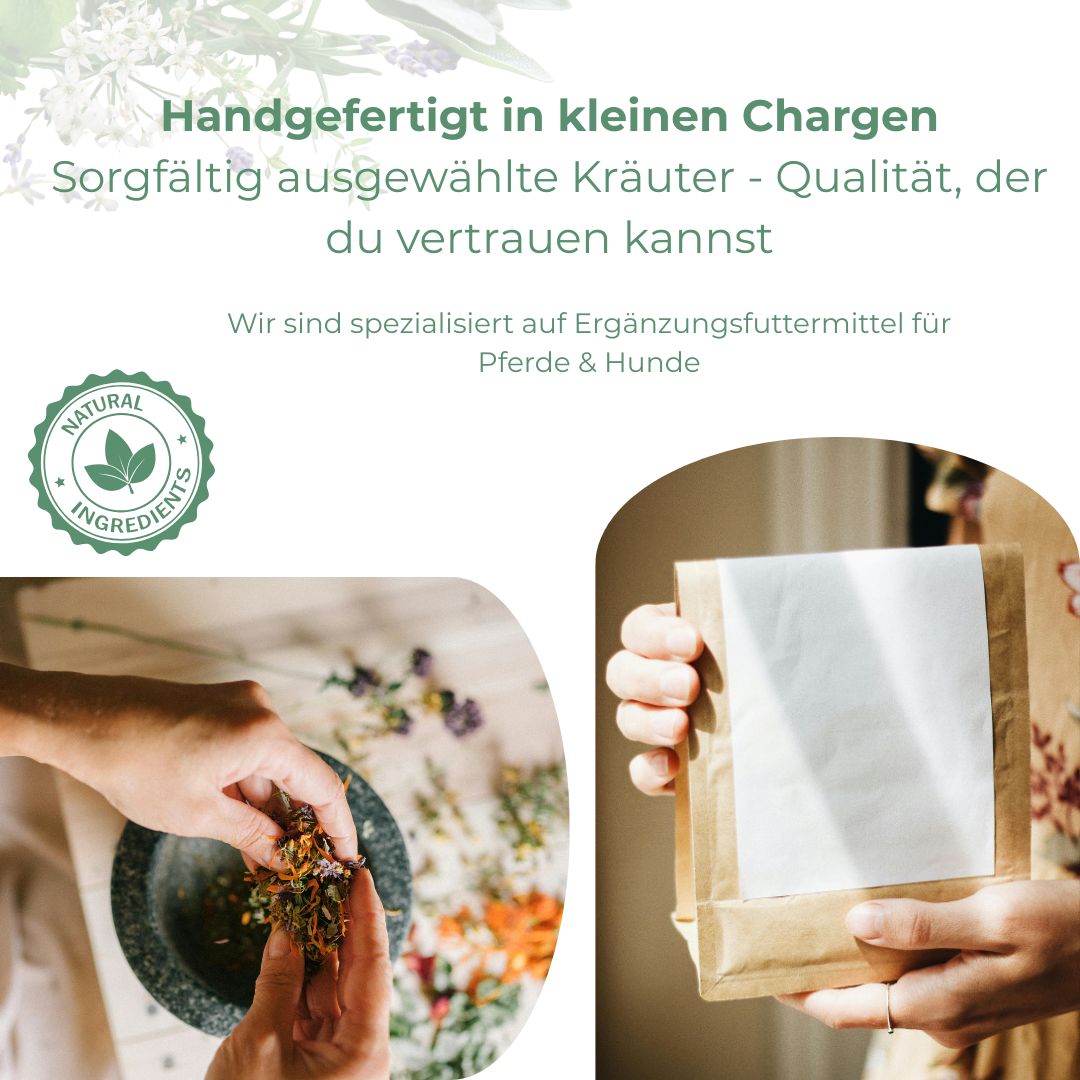 Hände halten braunen Beutel. Kräuter in Schale. Text: Handgefertigt in kleinen Chargen. Natural Ingredients Logo.