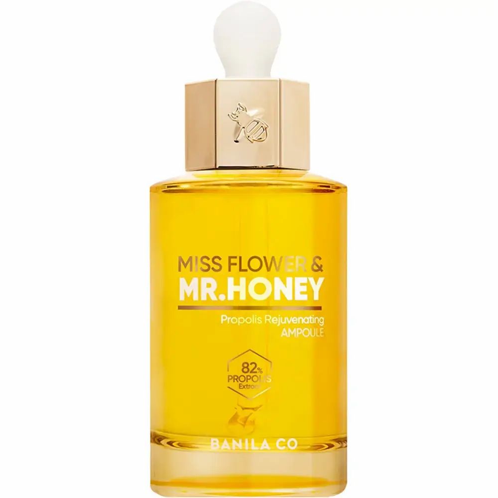 Gesichtsserum-Flasche mit goldfarbenem Deckel und Pipette. Aufschrift: MISS FLOWER & MR. HONEY. 82% Propolis Extract.
