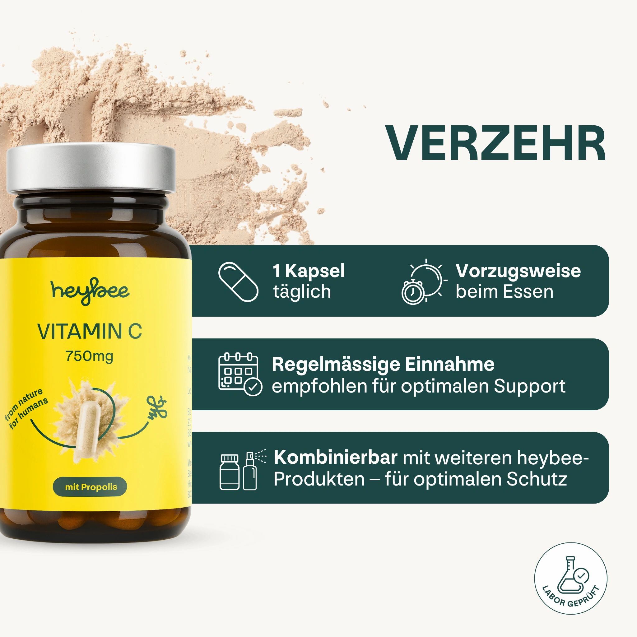 Braune Glasflasche mit gelbem Etikett. Enthält Vitamin C 750mg + Propolis. Informationen zur Einnahme: 1 Kapsel täglich.