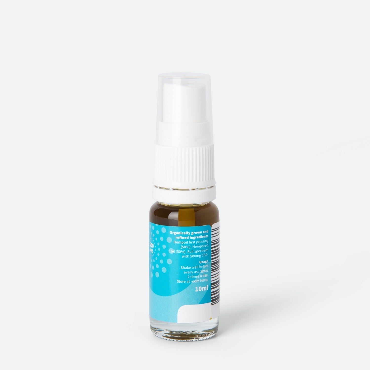 Rückseite einer CBD Öl Flasche mit Sprühkopf, Etikett mit Anwendungshinweisen.