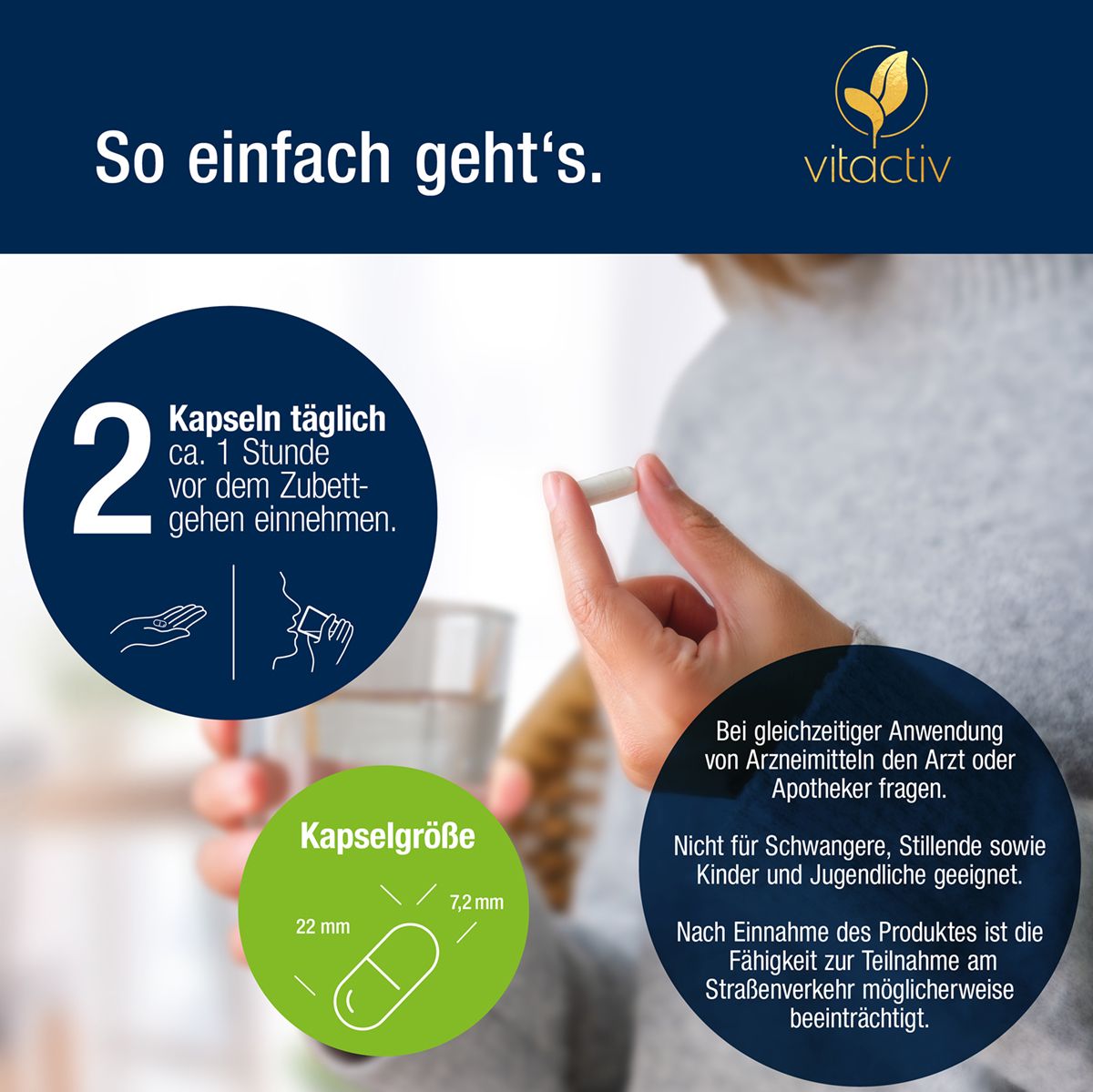 Person hält Kapsel neben einem Glas Wasser. Informationen zur Einnahme.