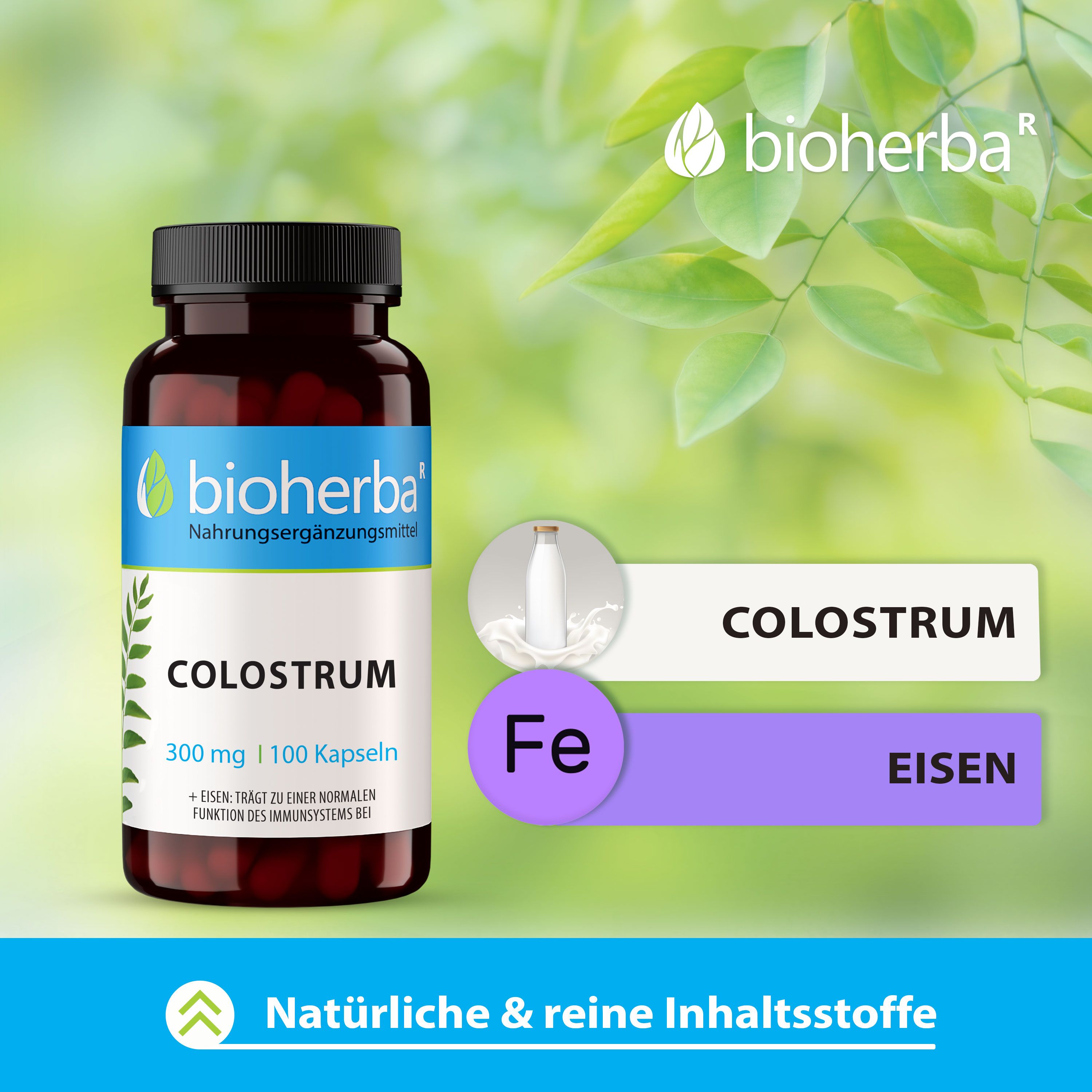 Braune Flasche Colostrum Kapseln. 300 mg, 100 Kapseln. Bioherba Logo. Text: Colostrum, Eisen.
