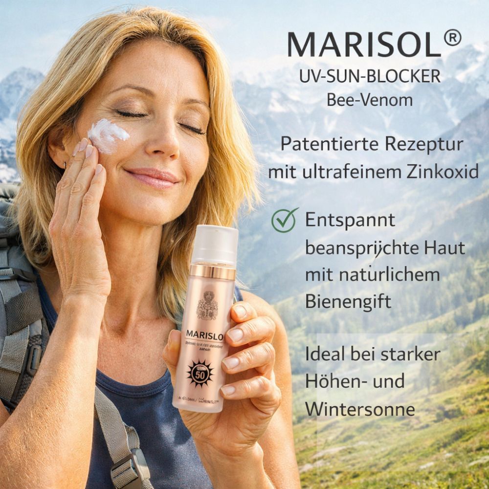 Frau trägt Sonnencreme auf. MARISOL UV-Sun-Blocker LSF 50. Text: Bee-Venom. Zusätzlicher Text: Patentierte Rezeptur mit ultrafeinem Zinkoxid.