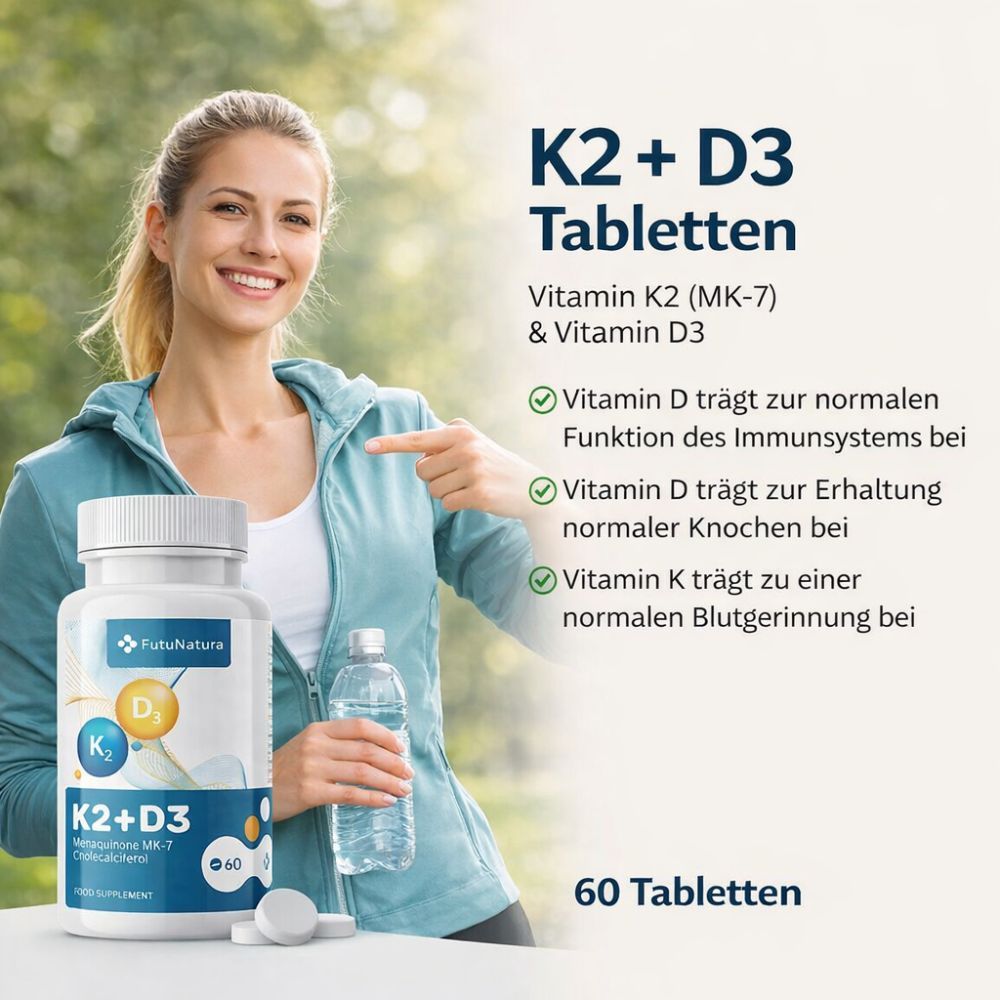 Frau mit Flasche FutuNatura K2 + D3 und Wasserflasche. Text: K2 + D3 Tabletten, Vitamin K2 & D3, 60 Tabletten.
