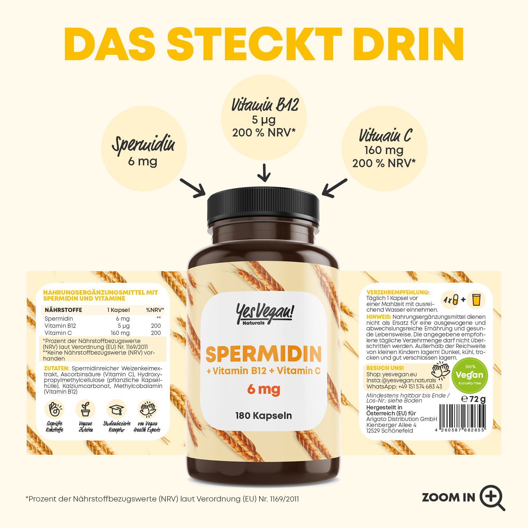 Braune Flasche mit Kapseln. Aufschrift: Spermidin + Vitamin B12 + Vitamin C, 6 mg, 180 Kapseln. Vegan-Siegel.