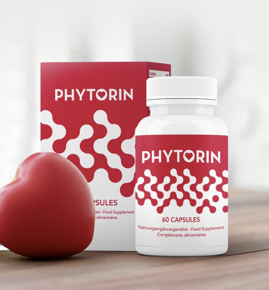 Weiße Flasche und Schachtel mit rotem Etikett. Aufschrift: PHYTORIN, 60 Kapseln. Rotes Herz daneben.
