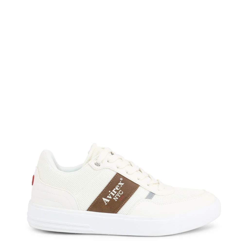 Weißer Sneaker mit braunem Streifen und Aufschrift Aviirex NYC. Rote Akzente. Schnürsenkel.