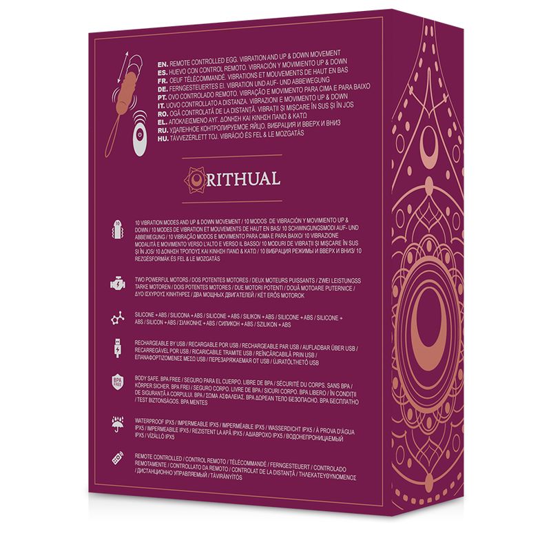 Produktverpackung mit violettem Hintergrund. Aufschrift: Rithual. Text in mehreren Sprachen. Produktabbildung. Informationen zu Funktionen.