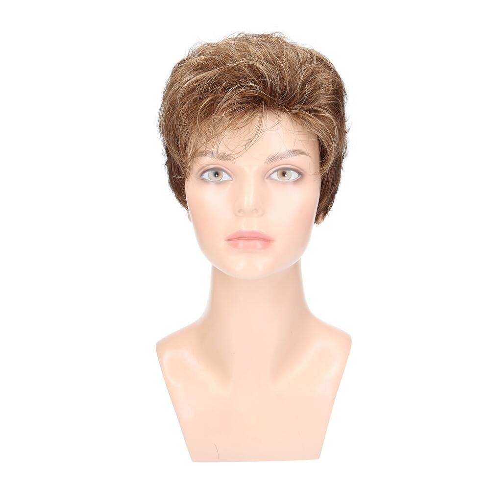 Perücke Ellen von Lofty, braun-blond, auf einer Büste. Kurze, gewellte Haare. Frontalansicht.