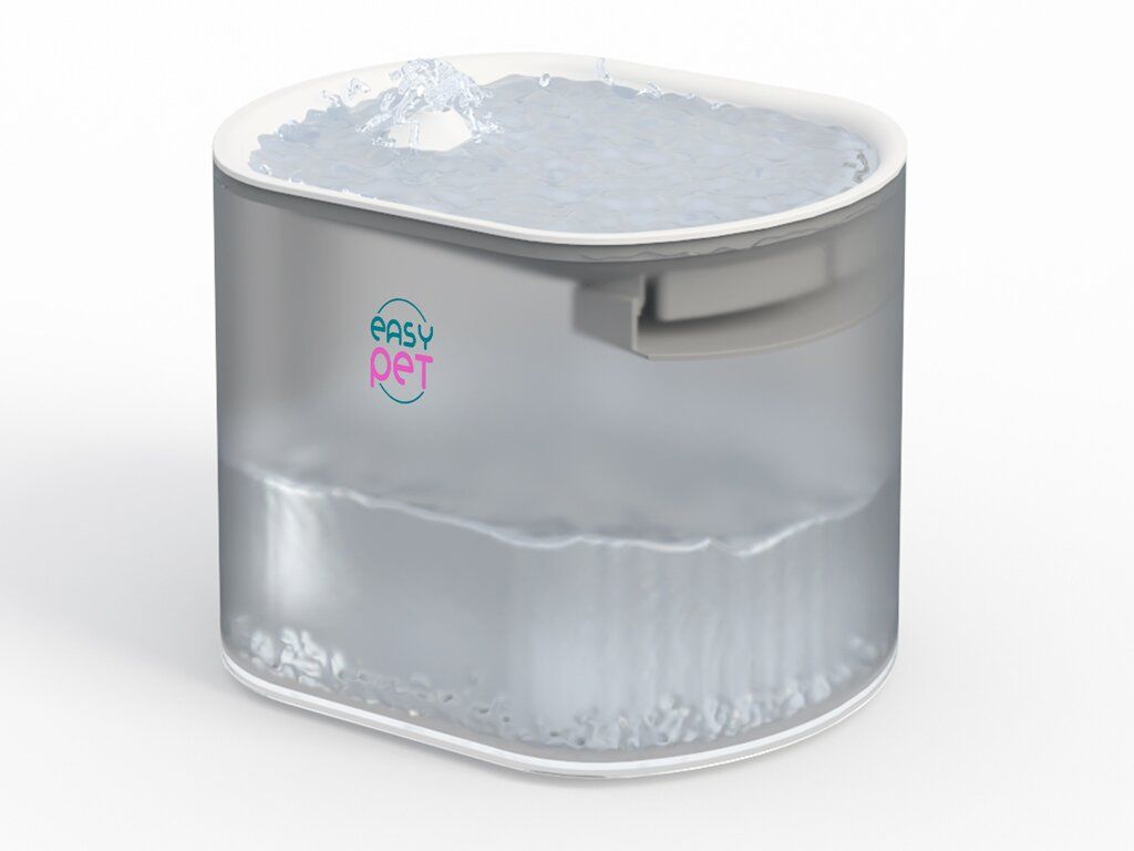 Fontanella. Trasparente e grigio. Contenitore d'acqua con acqua. Logo EASY PET.