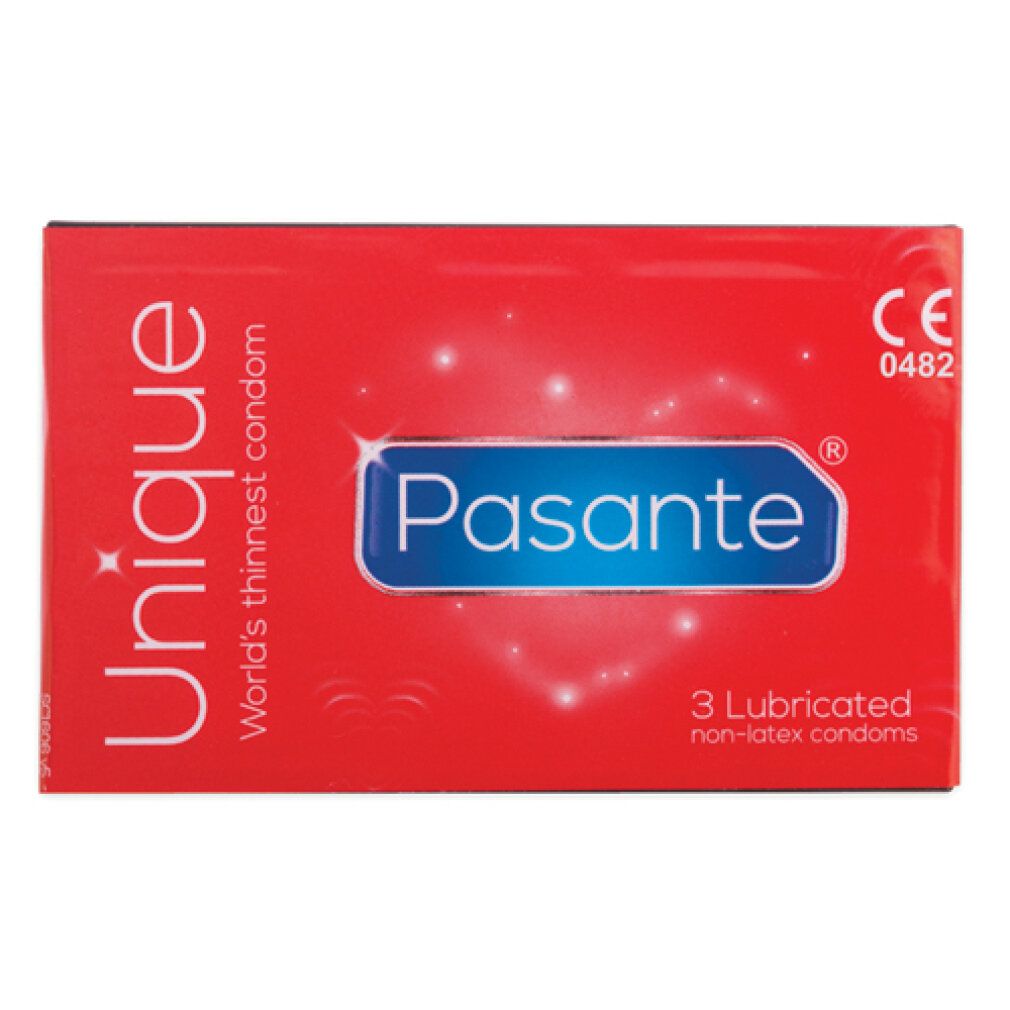 Rote Verpackung mit "UNIQUE" und "Pasante". Enthält 3 Kondome. CE-Kennzeichnung. "World's thinnest condom".