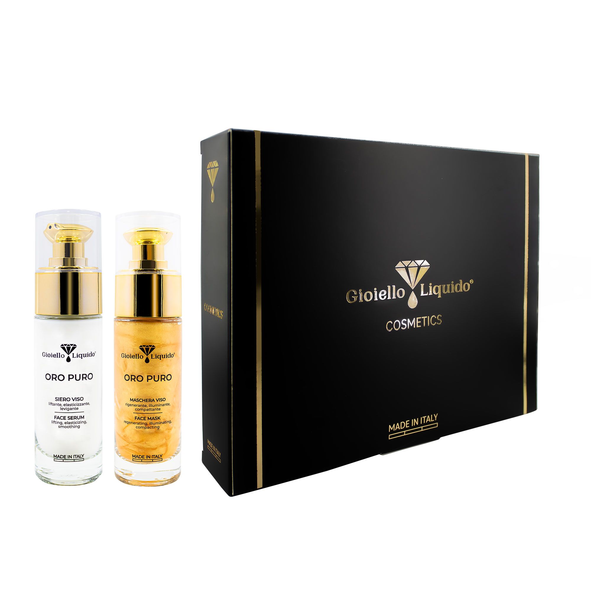 Geschenkbox mit zwei Flaschen: Gesichtsserum und Gesichtsmaske. Beschriftung: Gioiello Liquido COSMETICS. Hergestellt in Italien.