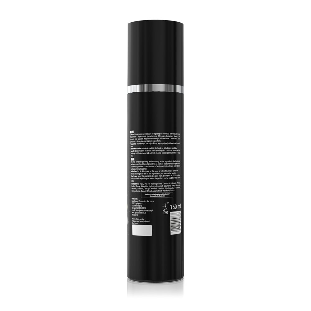 Schwarze Sprühflasche mit silbernem Deckel. Rückseite mit Text und Barcode. Volumen: 150 ml.