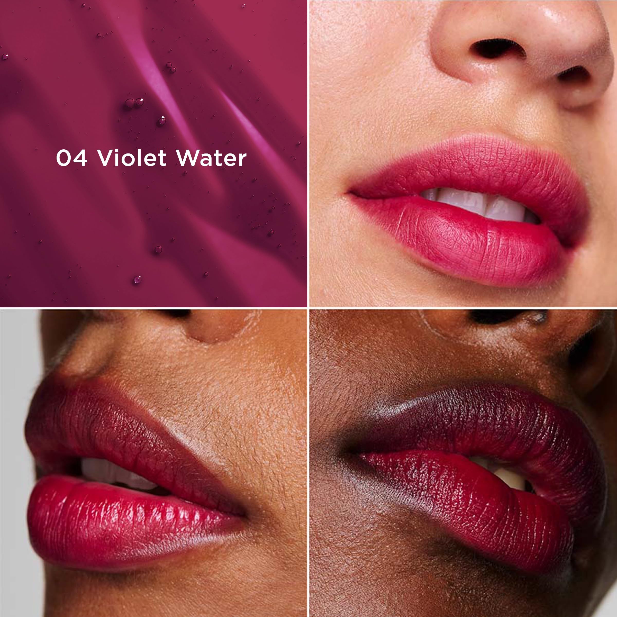 Vier Lippen-Ansichten. Oben links: Produktname und Farbton 04 Violet Water. Lippen in verschiedenen Rottönen.