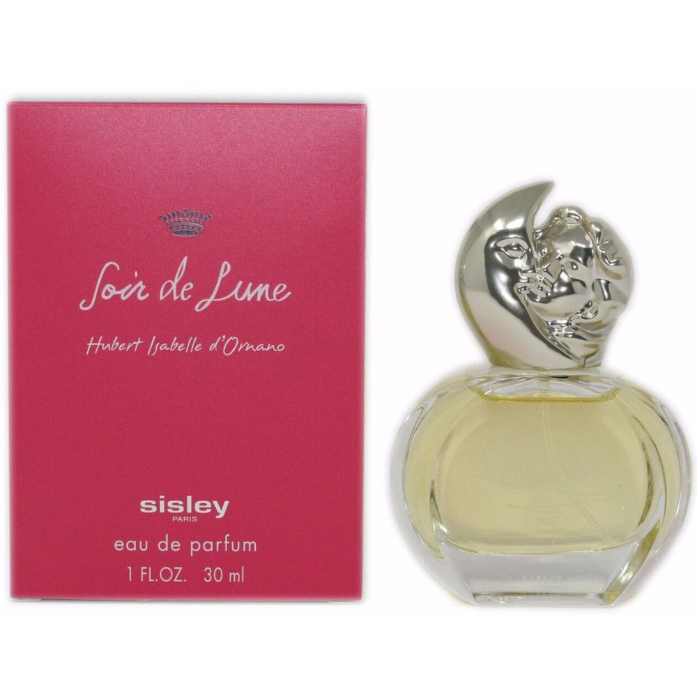 Rosa Schachtel und Flakon. Auf der Schachtel: "Soir de Lune", "Sisley", "eau de parfum". Flakon mit Mond-Verschluss.