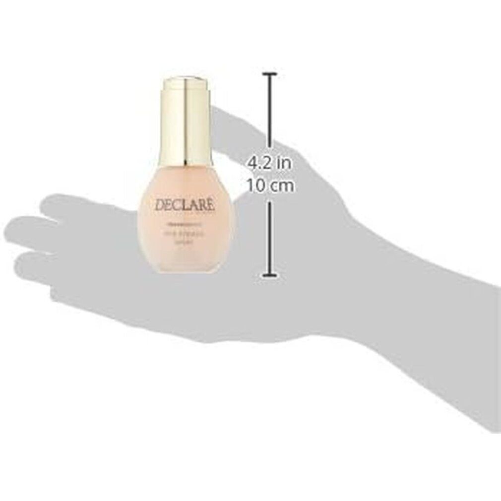 Serumflasche mit goldenem Deckel. Hand mit Maßangabe 4.2 in/10 cm.