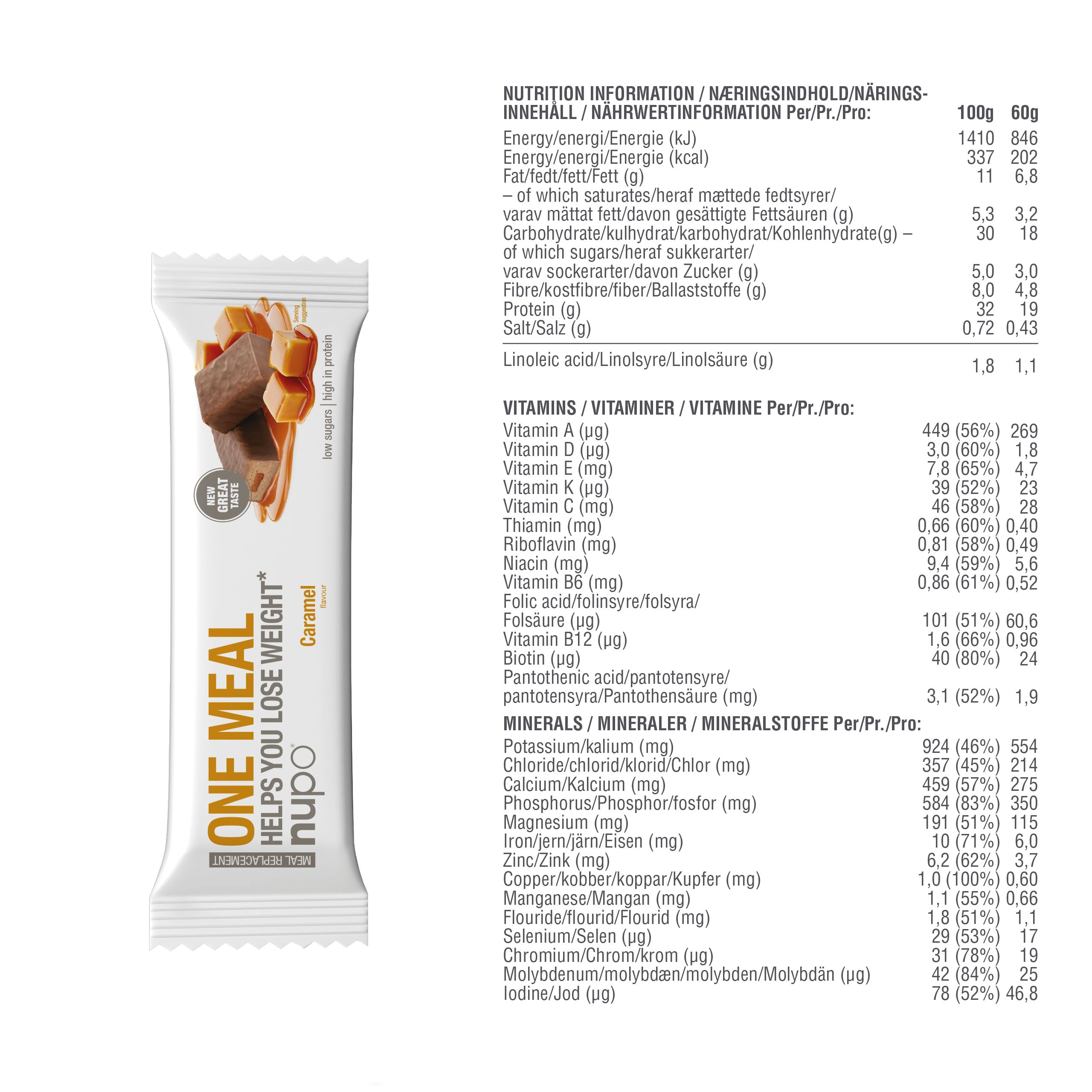 Verpackung mit Nährwertangaben. Text: "ONE MEAL HELPS YOU LOSE WEIGHT" und "Caramel".