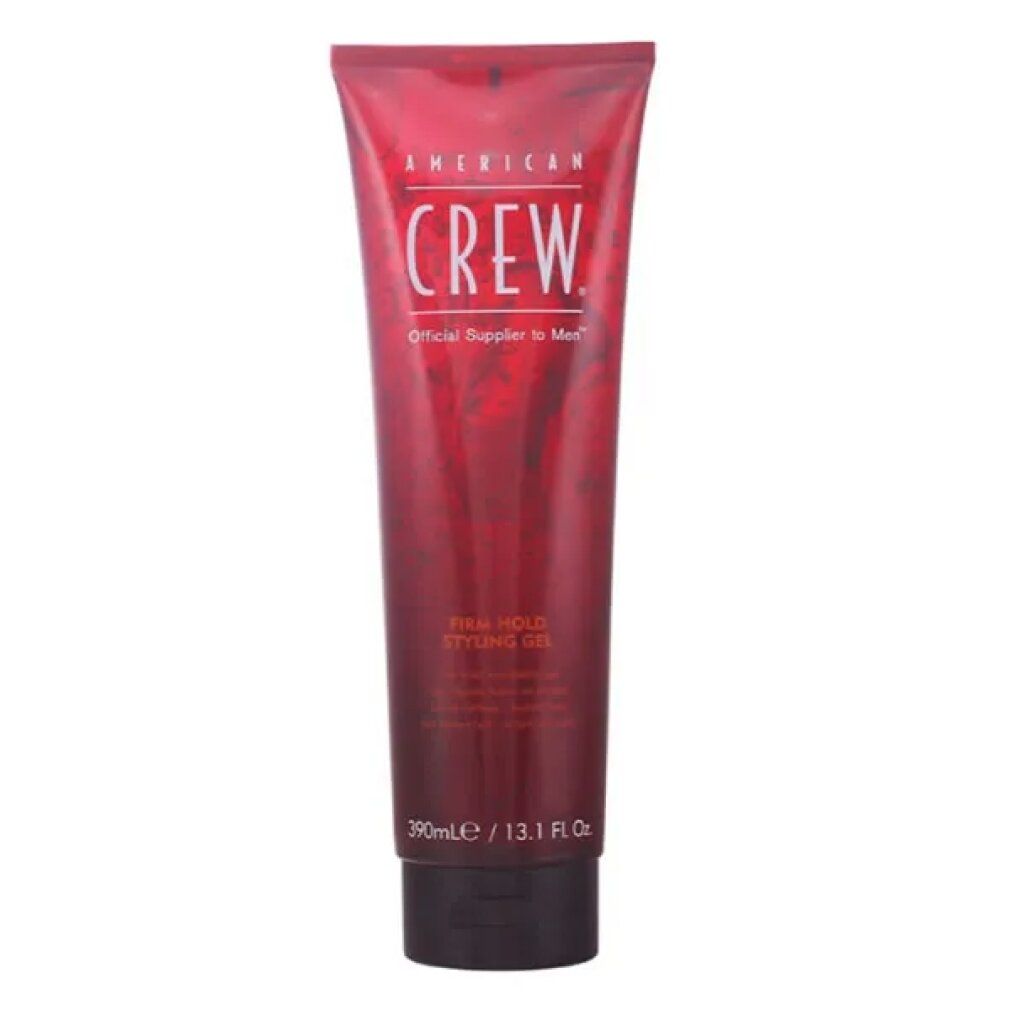 Rote Tube mit weißem Schriftzug AMERICAN CREW. Aufschrift: Firm Hold Styling Gel. Schwarzer Deckel. Volumenangabe: 390ml / 13.1 Fl. Oz.