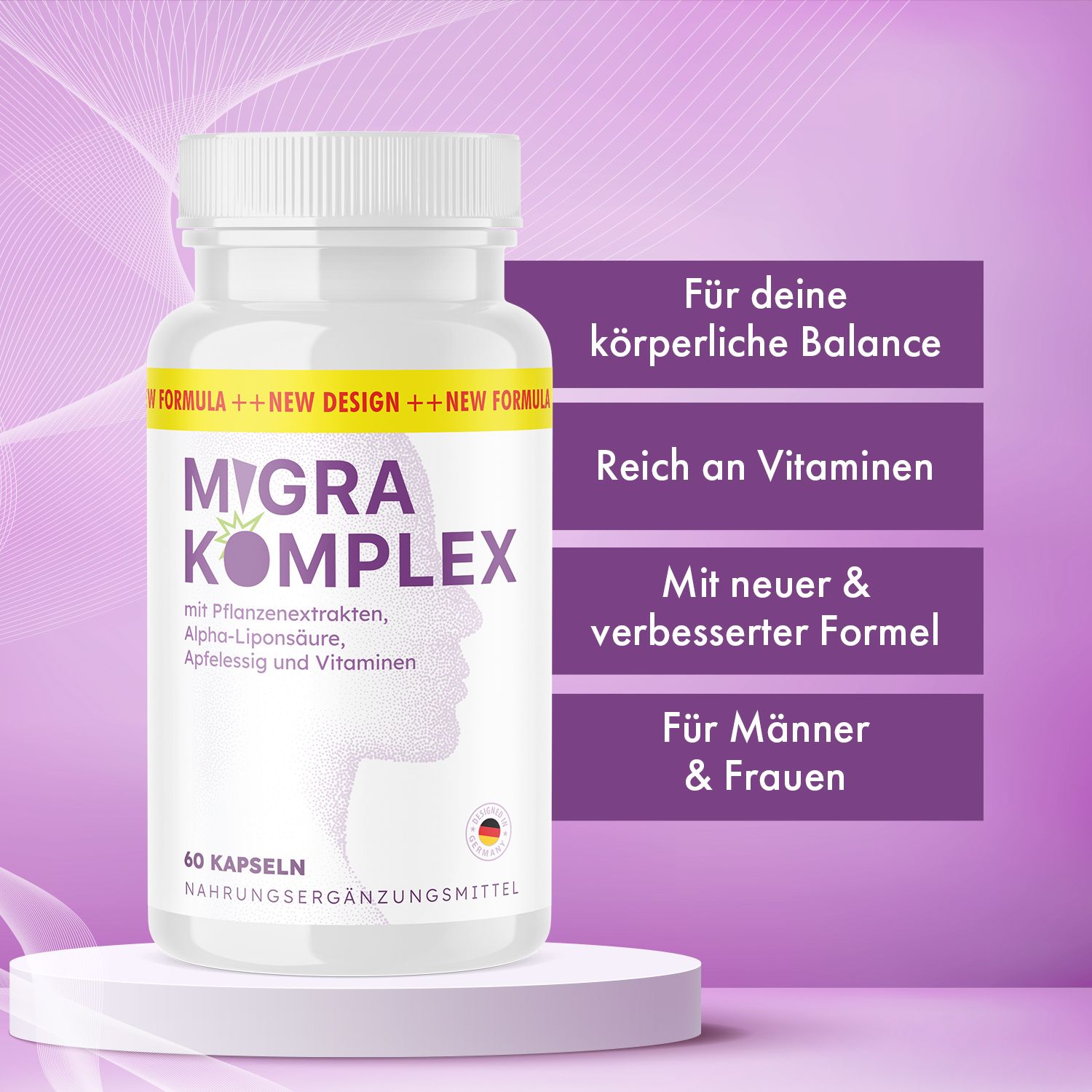 Weiße Flasche mit Migra Komplex Kapseln auf Podest. Text: Für körperliche Balance, reich an Vitaminen, etc.