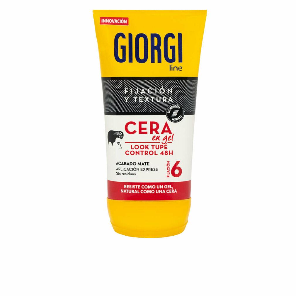 Gel-Haarwachs-Tube. Gelbe Tube mit schwarzem und weißem Etikett. Schriftzug: Giorgi Line, Cera en gel, Fixierung 6.