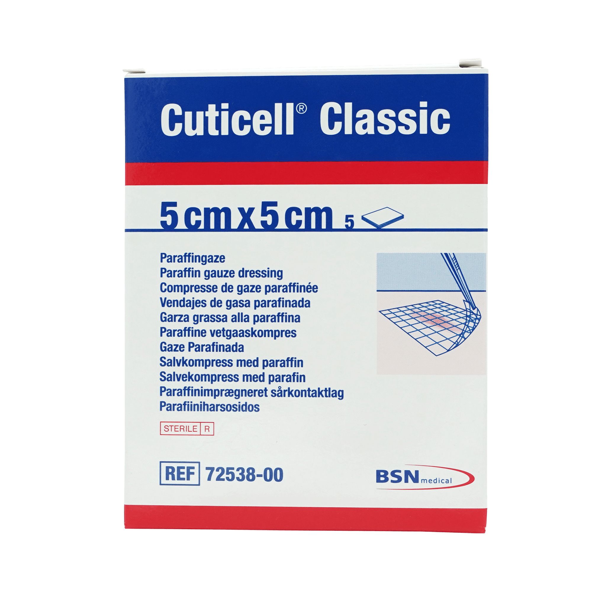 Cuticell® Classic-Verpackung. 5 cm x 5 cm. Enthält Paraffingaze. Steril. BSN-Logo. Blaue und weiße Aufmachung. Produktname.