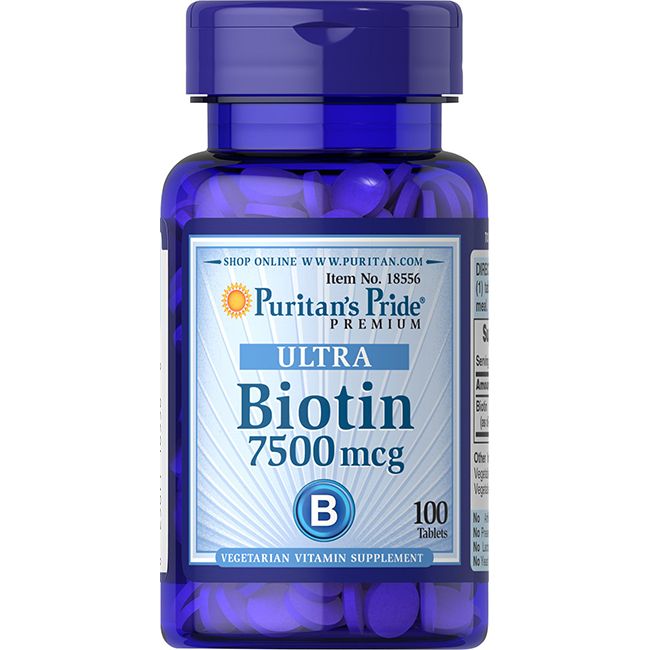 Blaue Flasche mit Tabletten. Aufschrift: Ultra Biotin 7500 mcg, 100 Tabletten. Marke: Puritan's Pride.