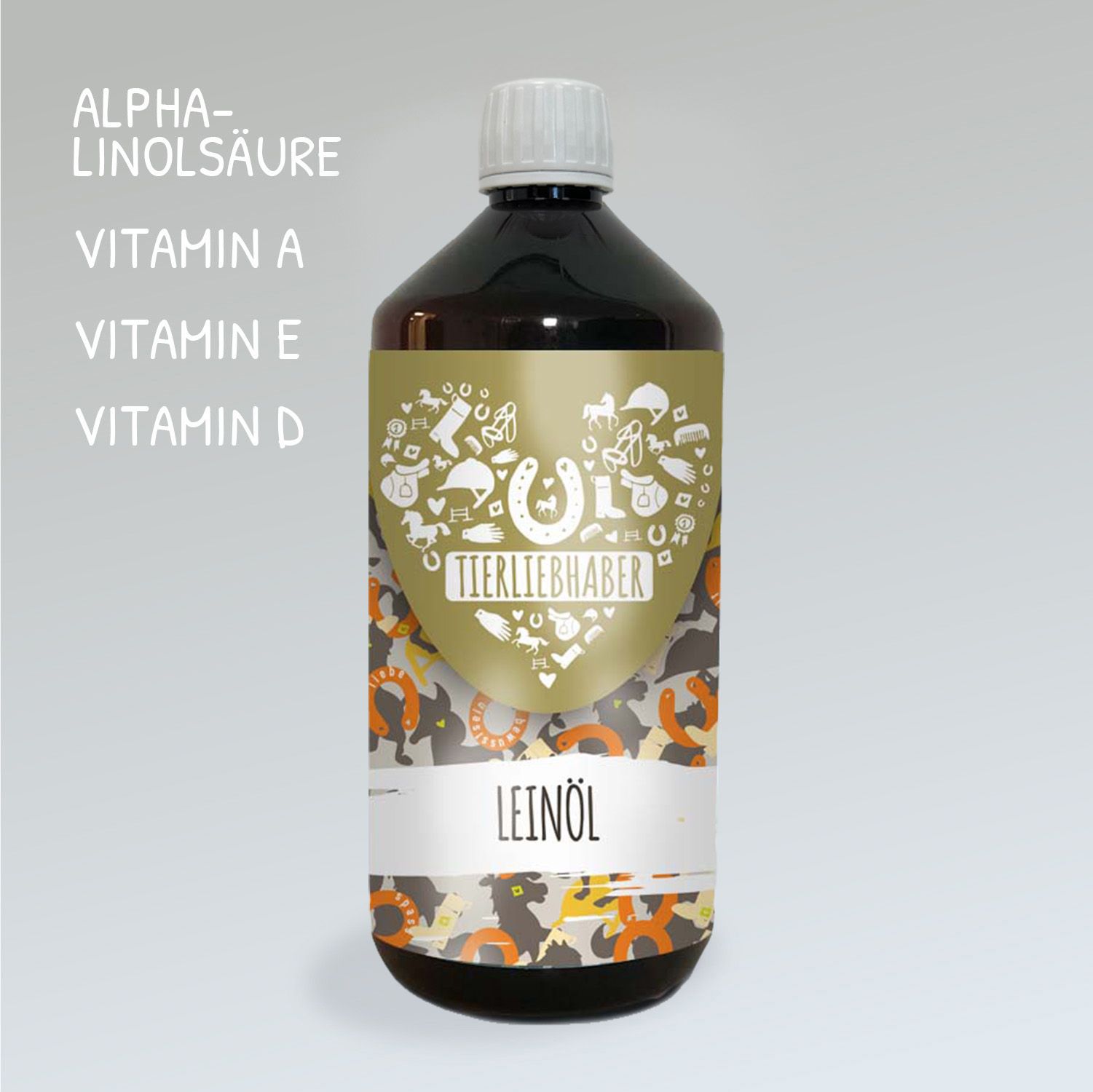 Braune Flasche mit weißem Deckel und Etikett. Auf dem Etikett steht "Tierliebhaber Leinöl". Text: Alpha-Linolsäure, Vitamin A, E, D.
