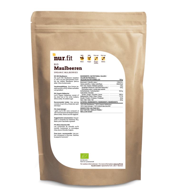 Verpackung mit BIO Maulbeeren. Aufdruck: nur.fit, BIO Maulbeeren, Nährwertangaben, Bio-Siegel. Text in Deutsch, Englisch, Italienisch.