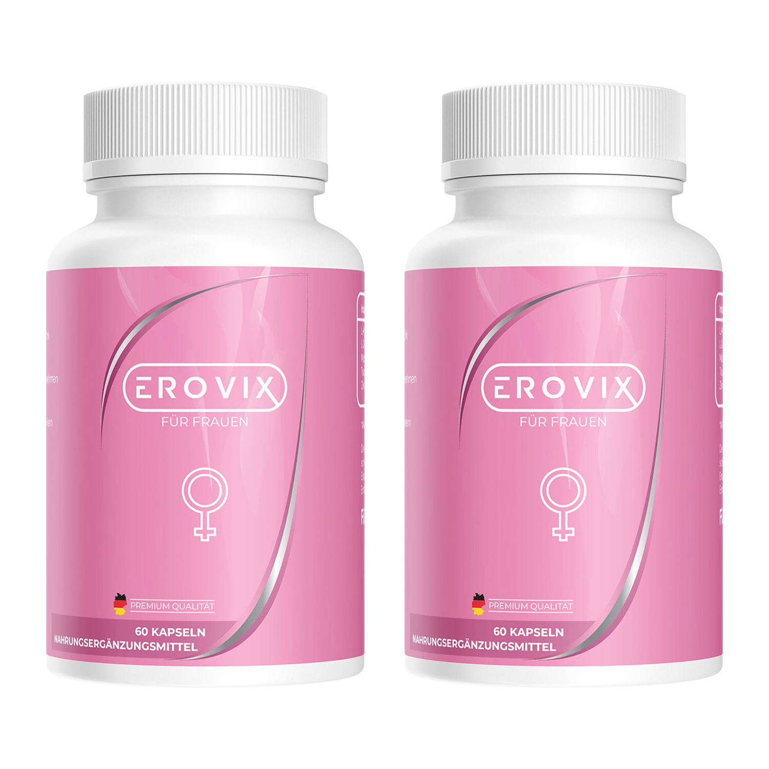 Zwei weiße Pillendosen mit rosa Etiketten. Auf den Etiketten steht "EROVIX FÜR FRAUEN" und ein weibliches Symbol. Unter dem Logo steht "60 KAPSELN".