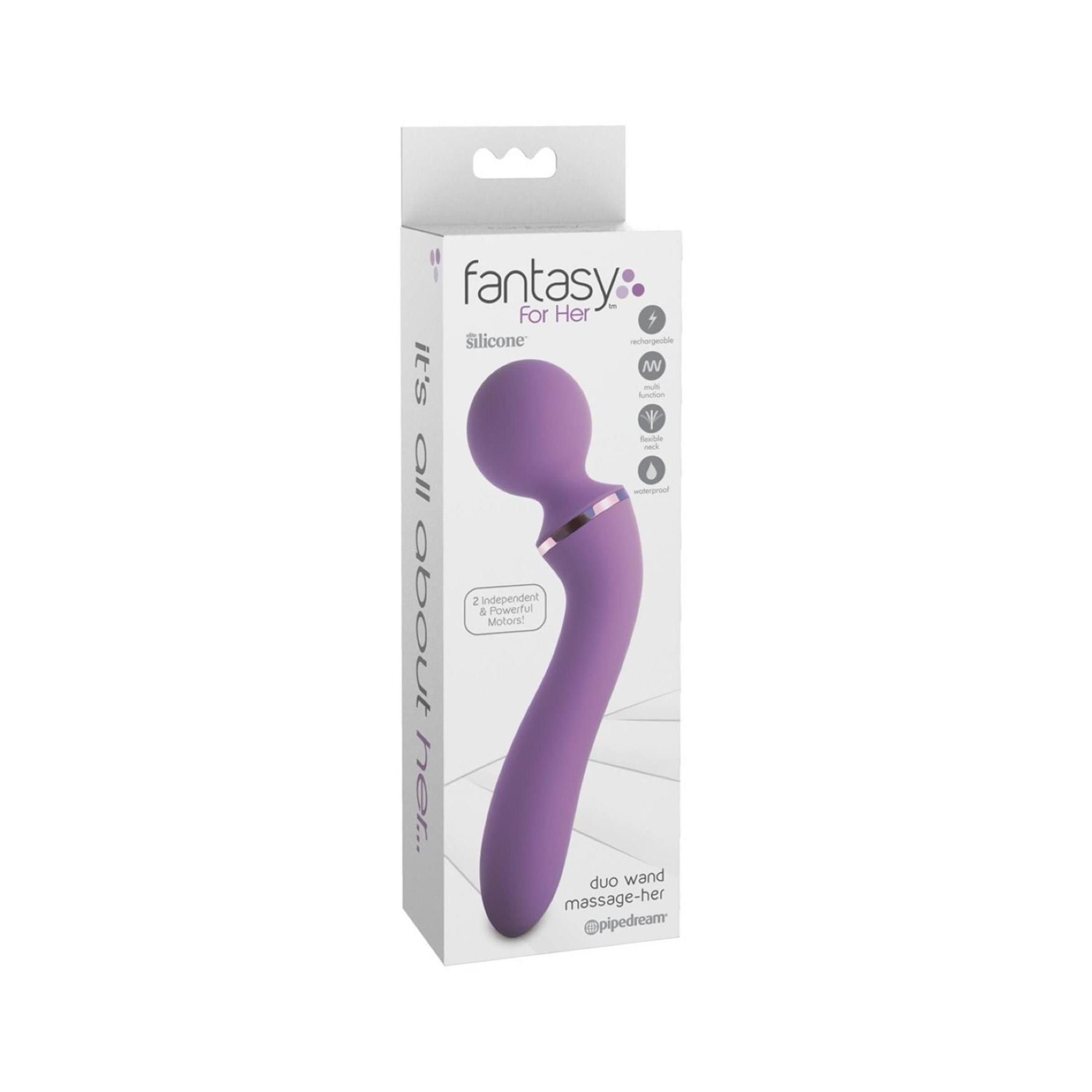 Verpackung mit lila Massagegerät. Produktname: Fantasy For Her. Duo Wand Massage-Her.
