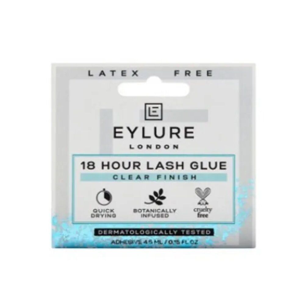 Eylure 18 Hour Lash Glue Clear Finish. Verpackung mit Produktinformationen. Latex- und tierversuchsfrei. Dermatologisch getestet.