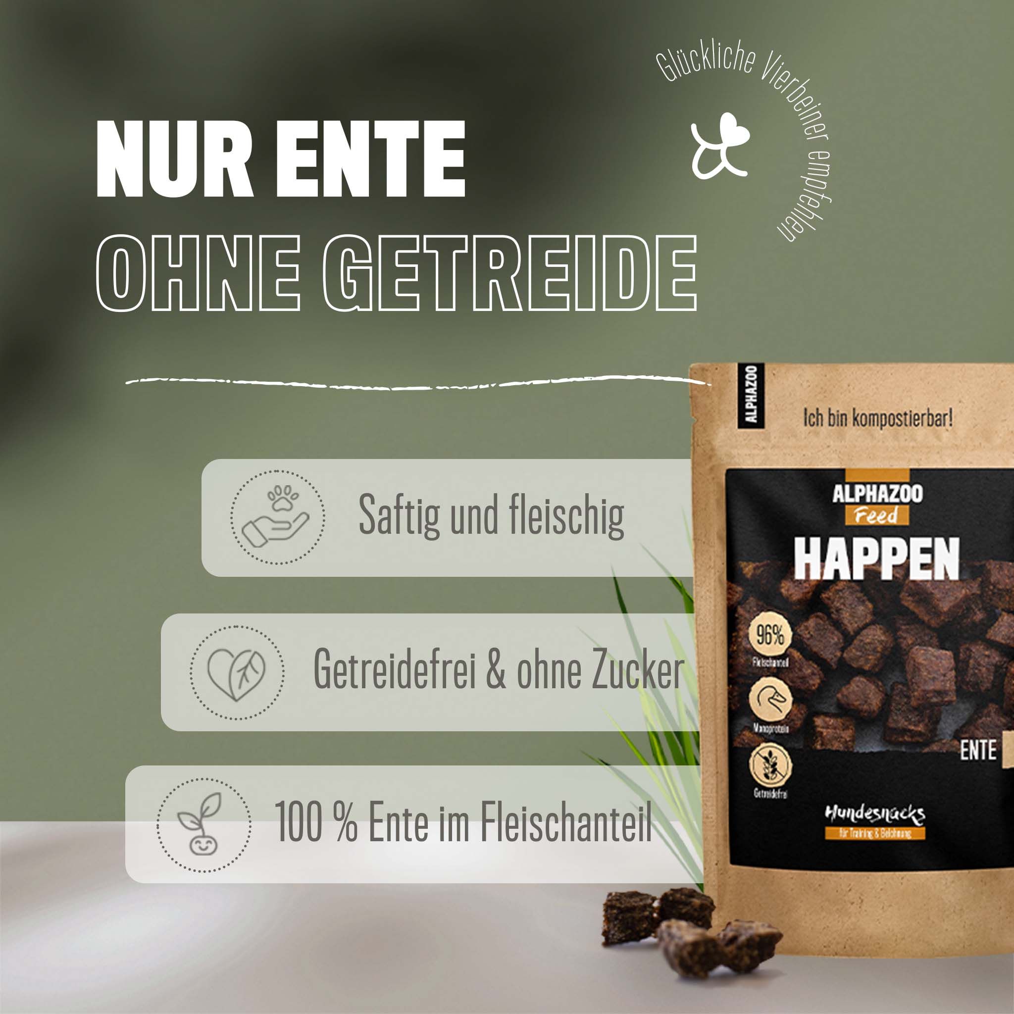 Werbebild für Hundesnacks. Text: Nur Ente ohne Getreide. Saftig und fleischig, getreidefrei & ohne Zucker, 100% Ente.