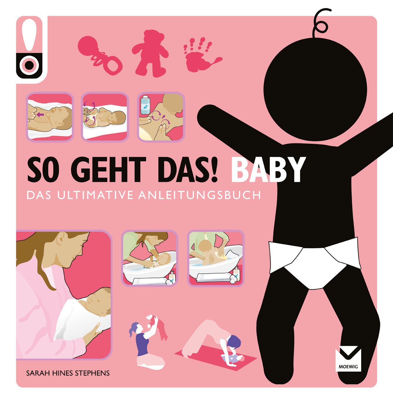 Buchcover mit dem Titel "So geht das! Baby". Illustrationen zeigen Babypflege. Schwarze Strichmännchen-Figur mit Windel.