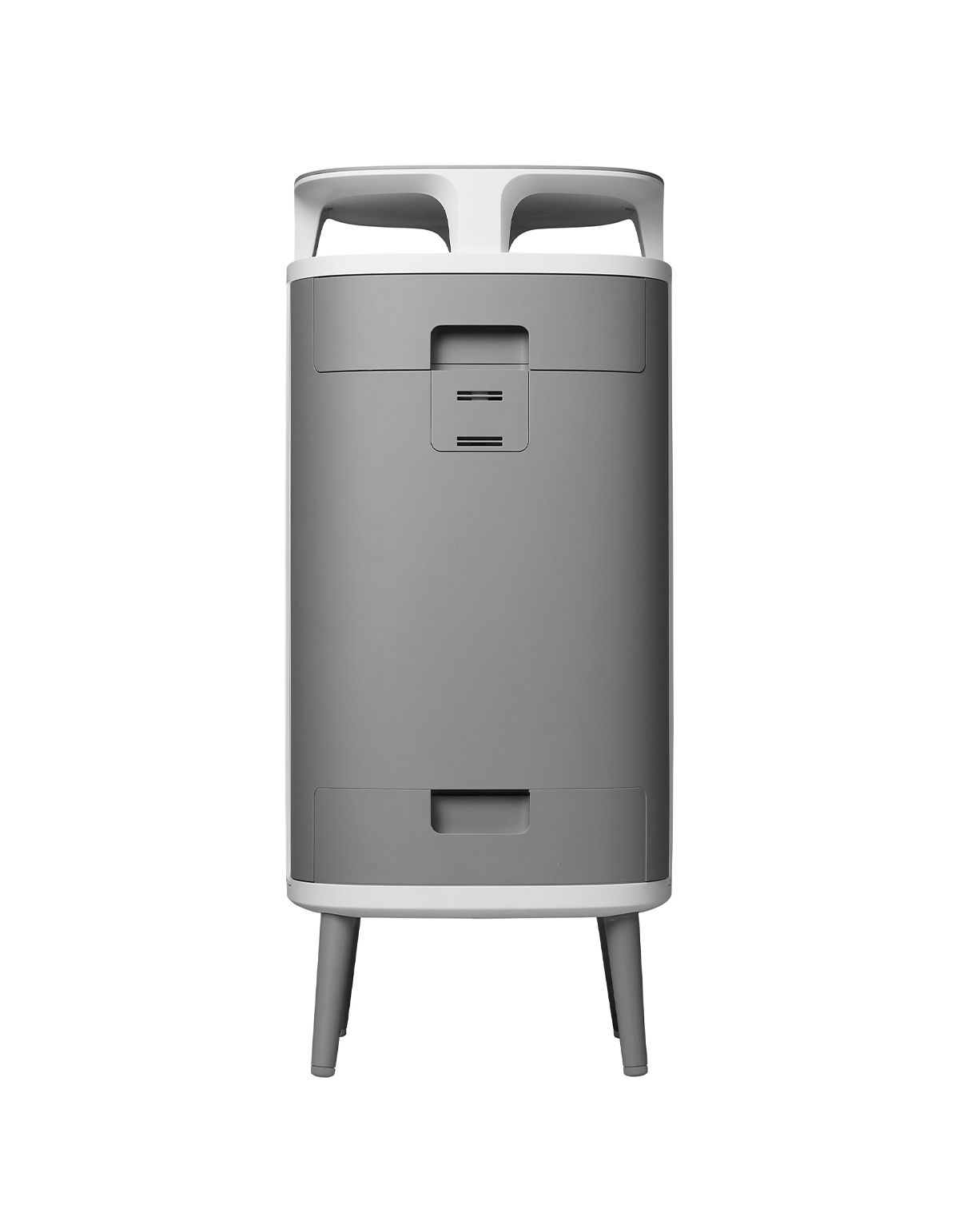 Grauer Luftreiniger mit weißem Rahmen und Beinen. Zwei rechteckige Öffnungen und eine Schublade.