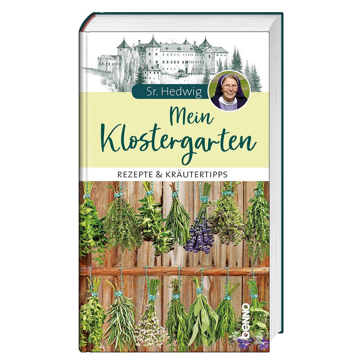 Buch mit dem Titel "Mein Klostergarten". Auf dem Cover sind Kräuterbündel, ein Kloster und Sr. Hedwig abgebildet.