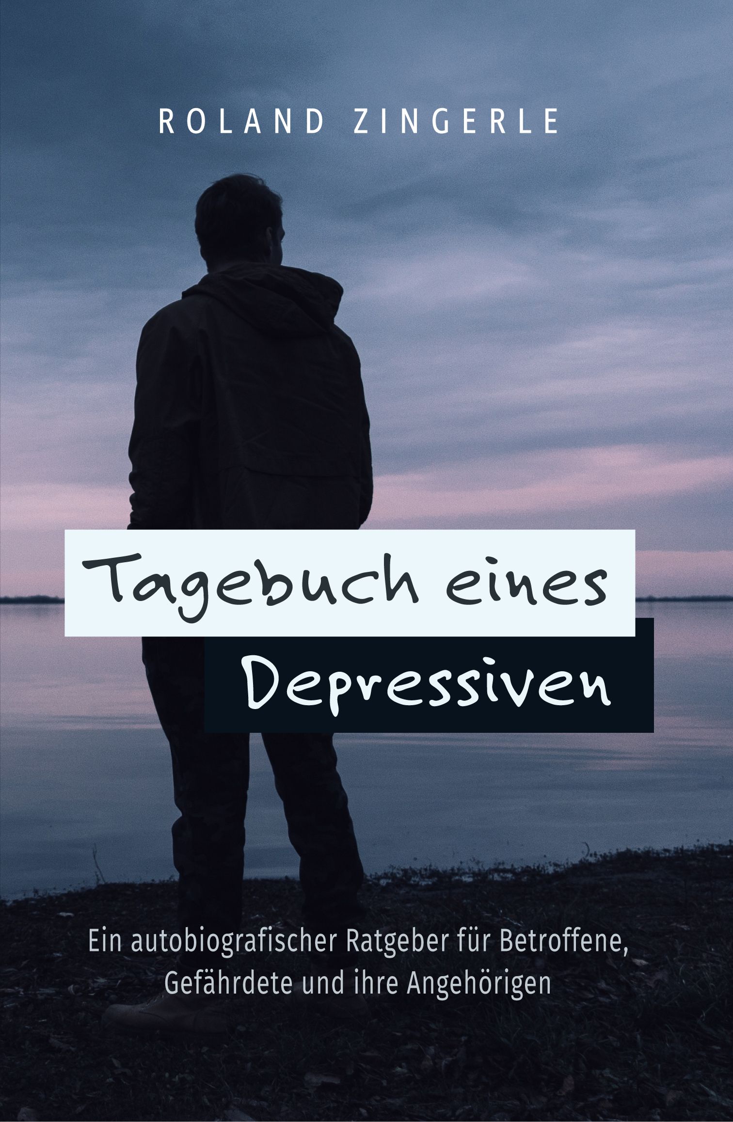 Buchcover mit Titel "Tagebuch eines Depressiven" und Autor Roland Zingerle. Person am Seeufer. Untertitel: Ratgeber für Betroffene.