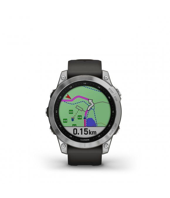 Smartwatch mit rundem Display. Edelstahlgehäuse, schwarzes Armband. Zeigt eine Karte mit Wegmarkierungen und Distanz an. Garmin-Logo.