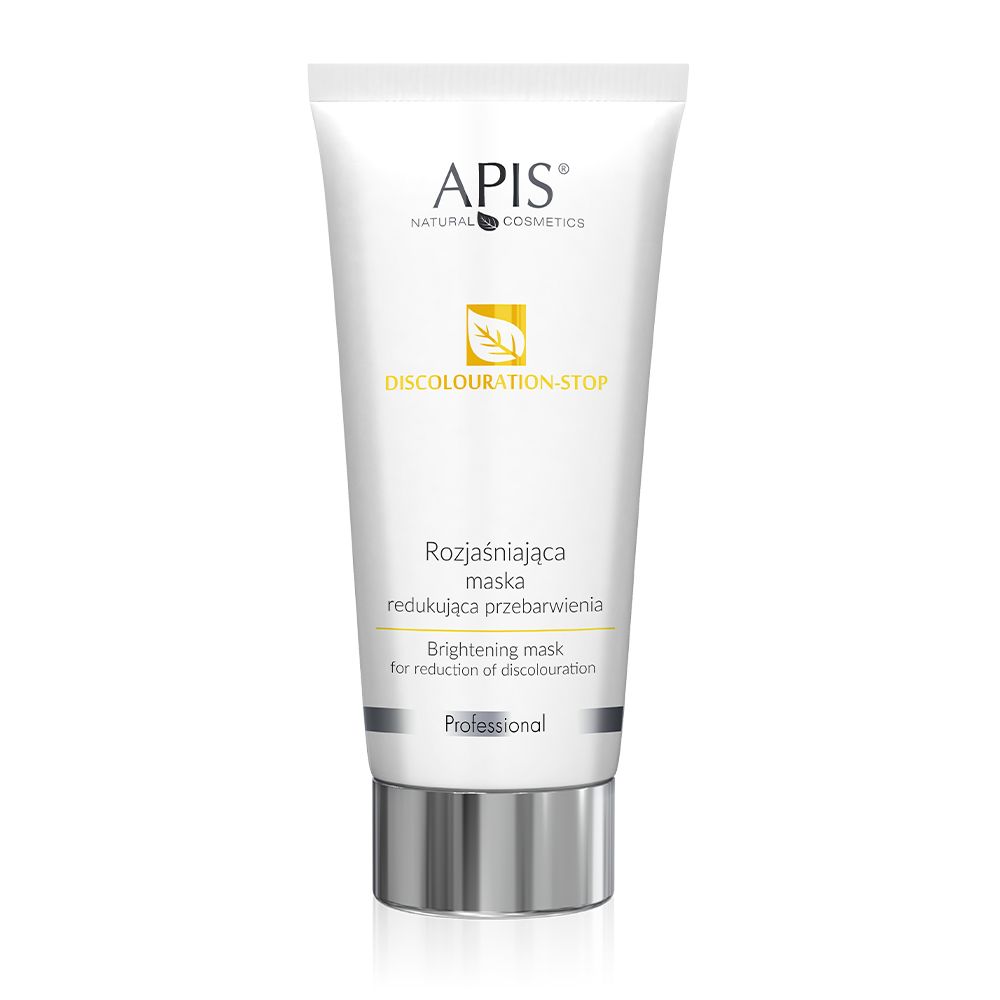 Weiße Tube mit "APIS"-Logo und "DISCOLOURATION-STOP"-Schriftzug. Enthält Text in mehreren Sprachen. Professionell.