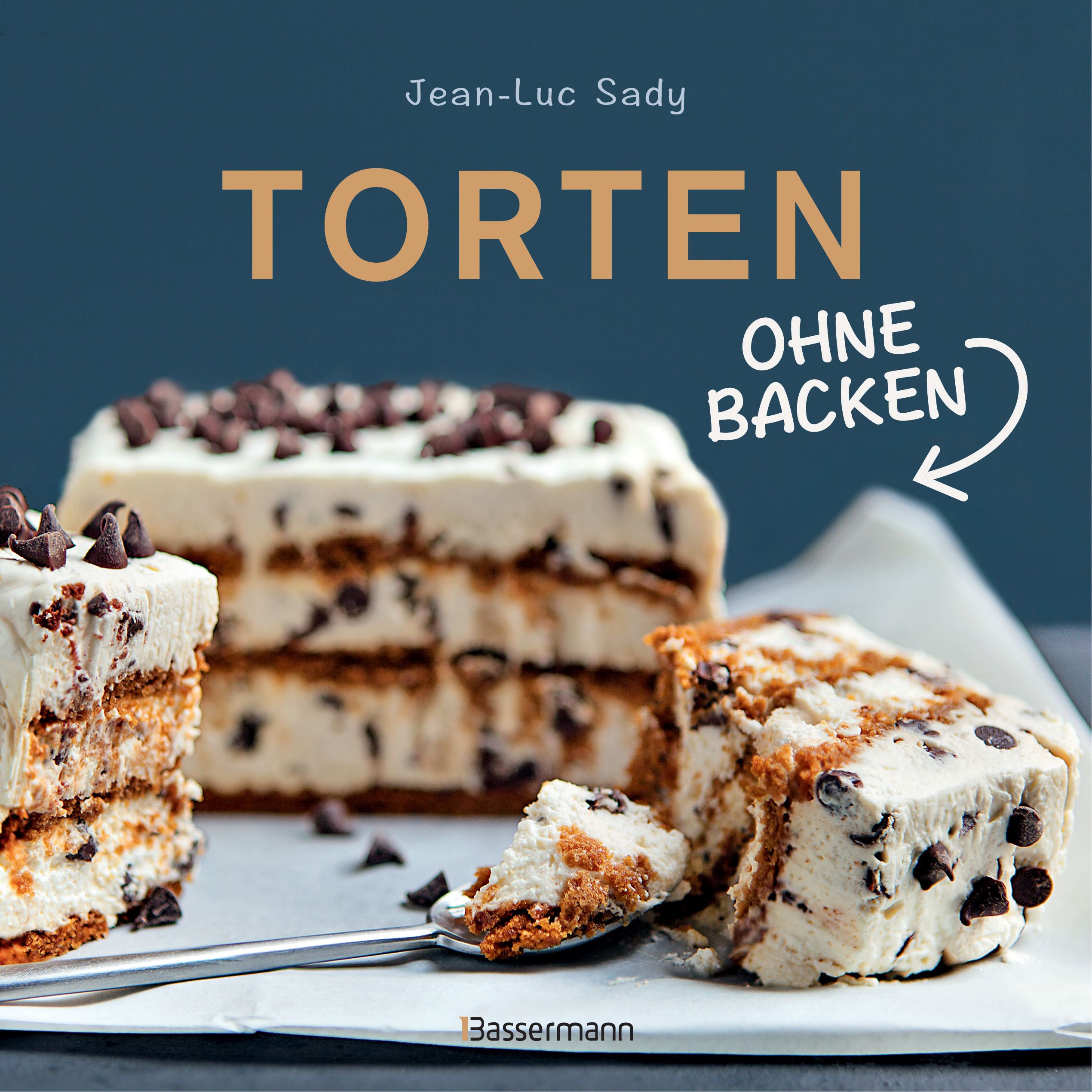 Buchcover mit Titel "Torten ohne Backen". Gezeigte Torten mit Schokostückchen. Autor: Jean-Luc Sady. Verlag: Bassermann.
