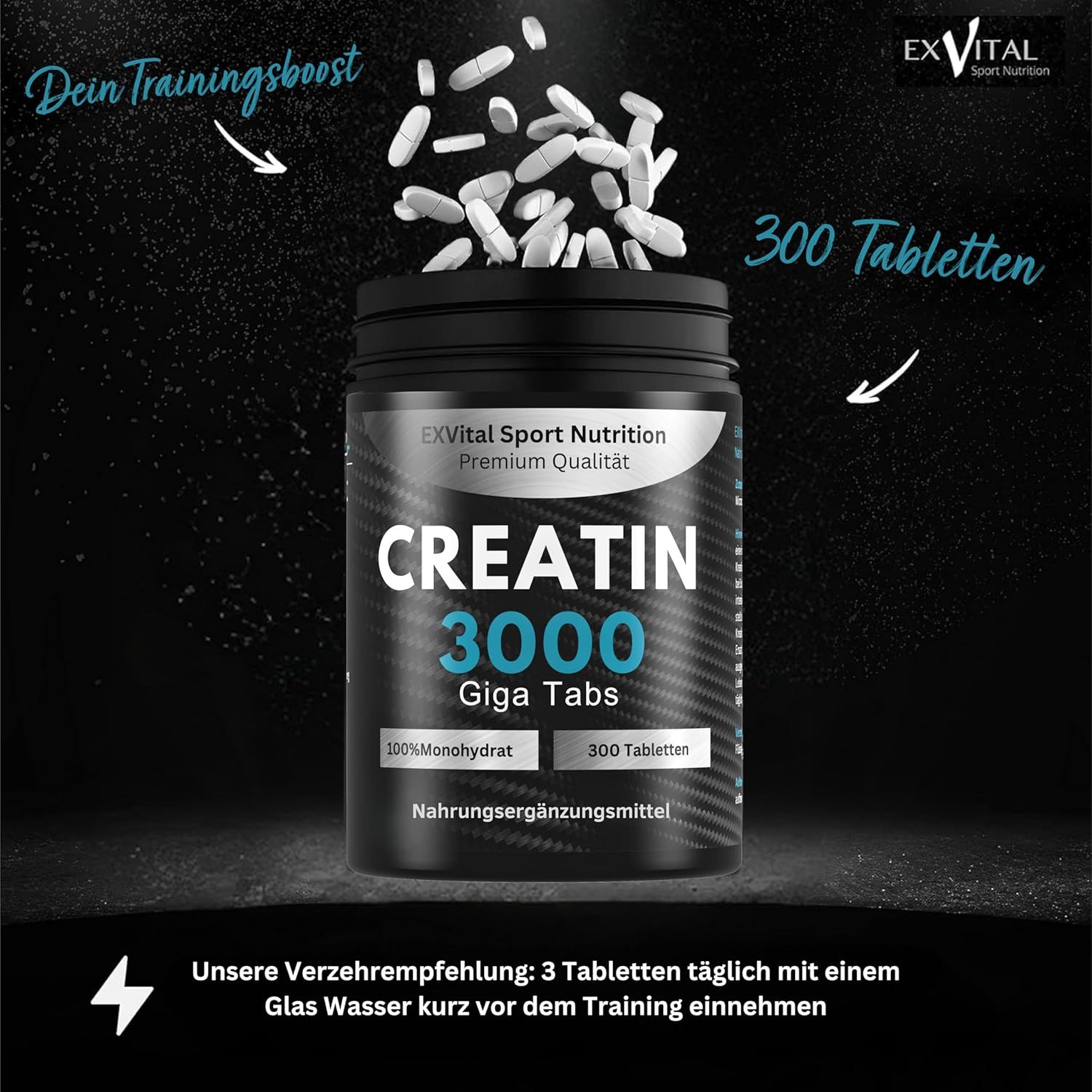 Schwarze Dose mit weißen Tabletten. Aufschrift: Creatin 3000 Giga Tabs, 300 Tabletten. Nahrungsergänzungsmittel.