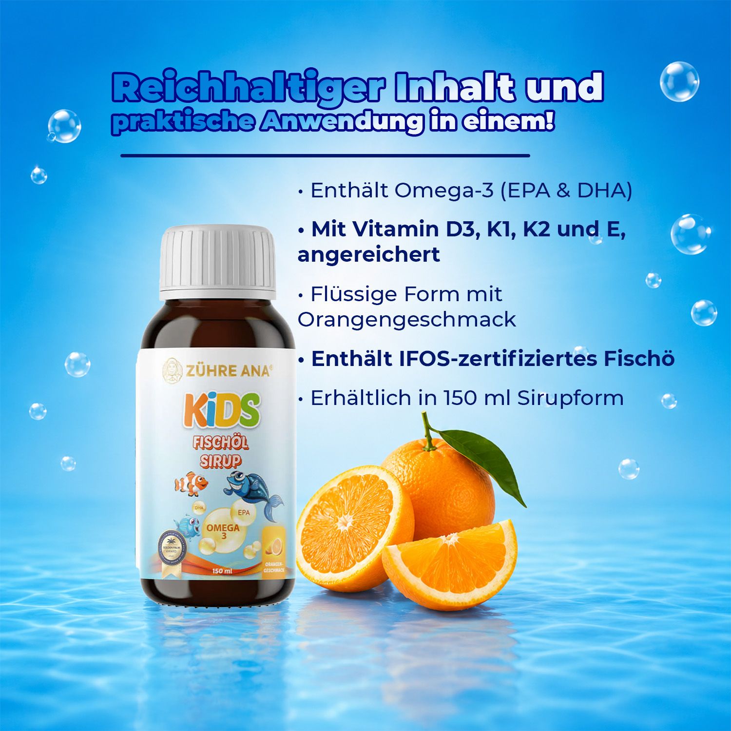 Zühre Ana Kids Fischöl Sirup Flasche mit Orangen und Blasen, betont flüssige Form und Geschmack.