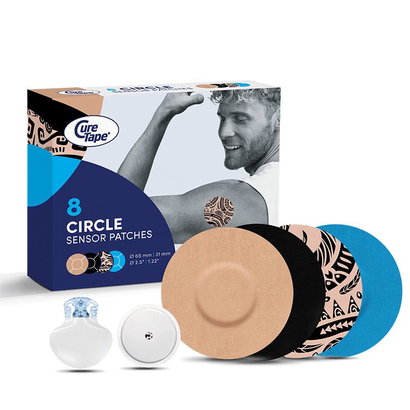 Produktverpackung mit Sensor Patches und Sensoren. Text: 8 Circle Sensor Patches. Logo: CureTape.