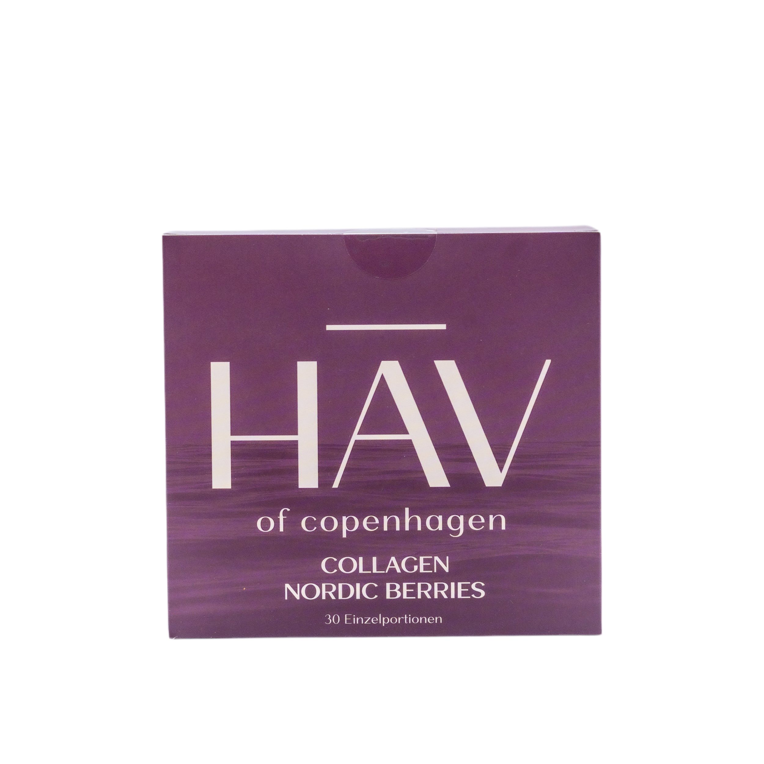Lila Schachtel mit weißem Text. HAV of Copenhagen, Collagen Nordic Berries, 30 Einzelportionen.