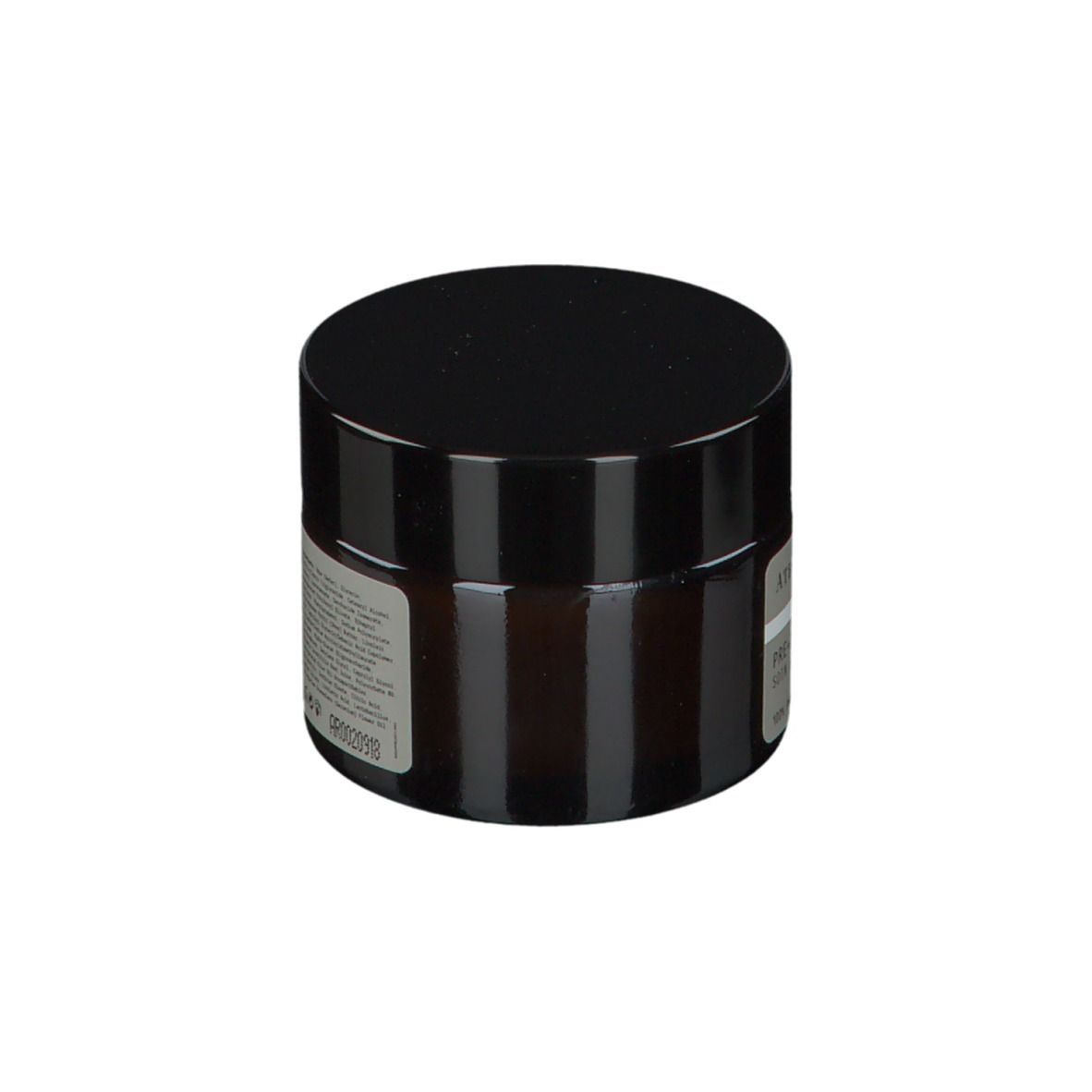 Bruine crèmepot met zwarte deksel. Op het etiket staat: ATELIER REBUL PRE+ PROBIOTIC MOISTURIZER.