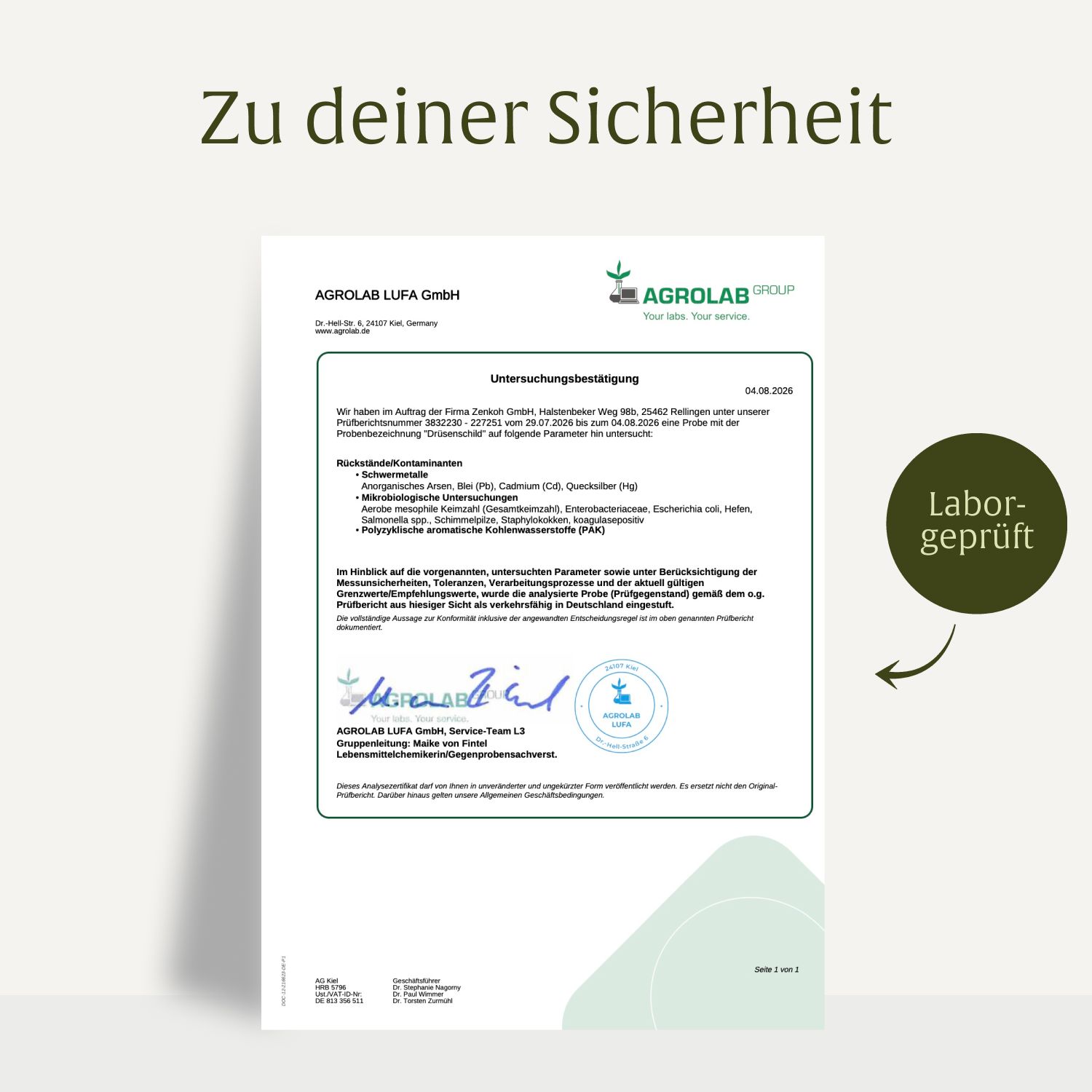 Laborprüfbericht für NATURTREU® Drüsenschild. Bestätigt 'Labor-geprüft'.